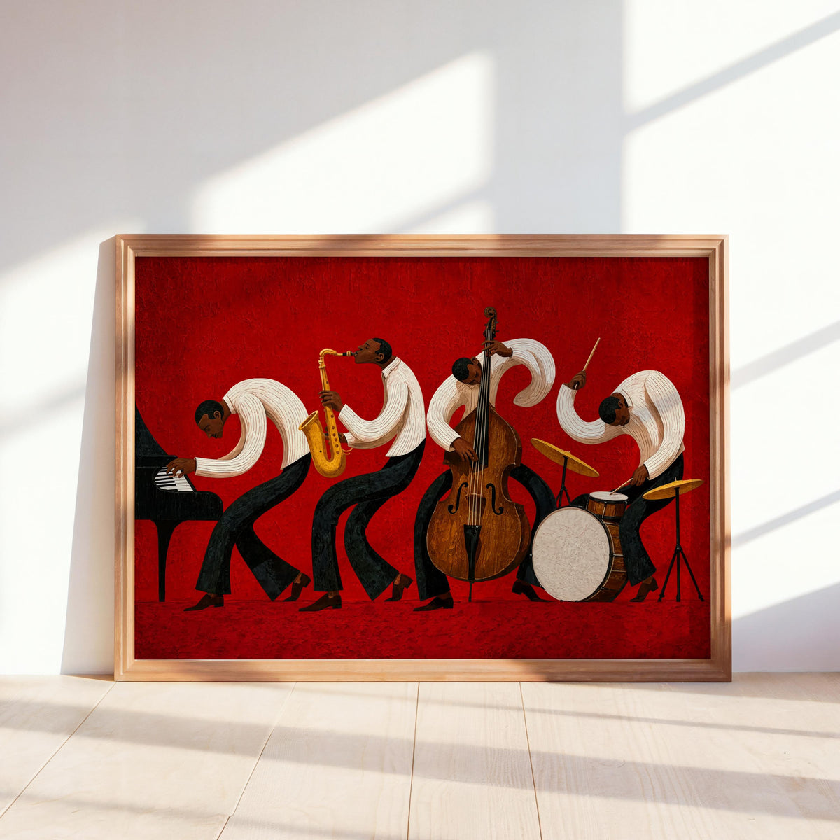 Red framed jazz band wall art on white shelf, vibrant Afrocentric jazz music print, vintage poster color and warmth
