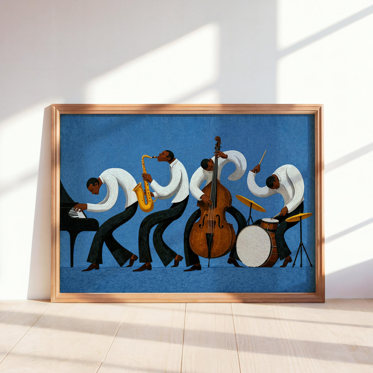 Blue jazz band wall art resting on shelf, bold abstract musicians in motion, colorful jazz print with saxophone energy