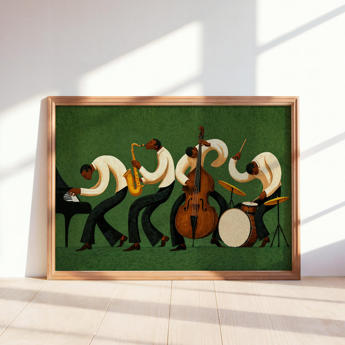 Forest green jazz band wall art framed on ledge, flowing cream and brown shapes show pianist, drummer, bassist, sax