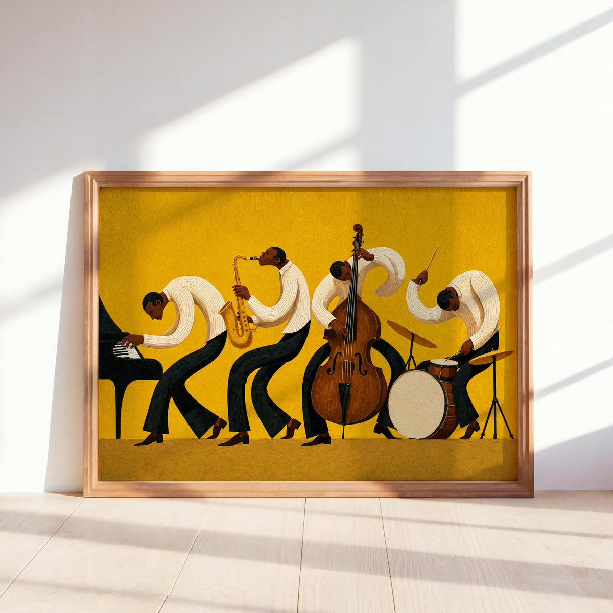 Framed mustard yellow jazz band wall art leaning on shelf, abstract band with saxophone and double bass, mid century modern vibe