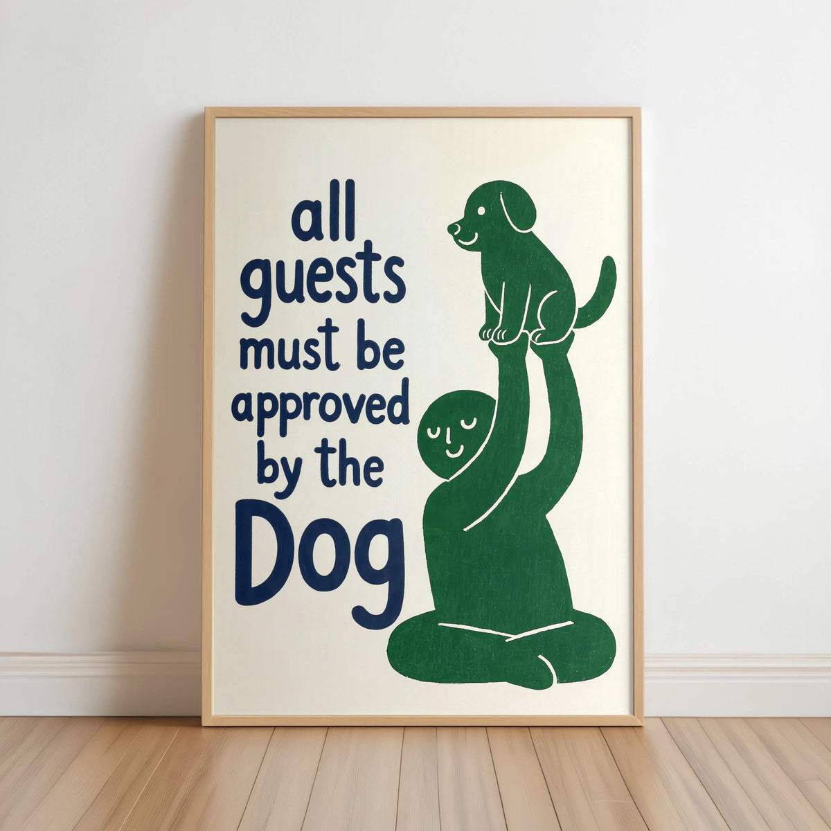Framed green dog illustration with navy 'Dog' lettering, simple white background, quirky funny dog wall art for entryways