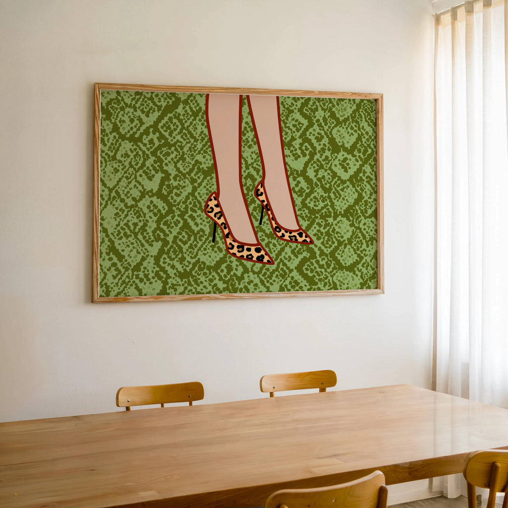 Gallery-style leopard print heels wall art above dining table, maximalist green snake pattern, playful fashion illustration