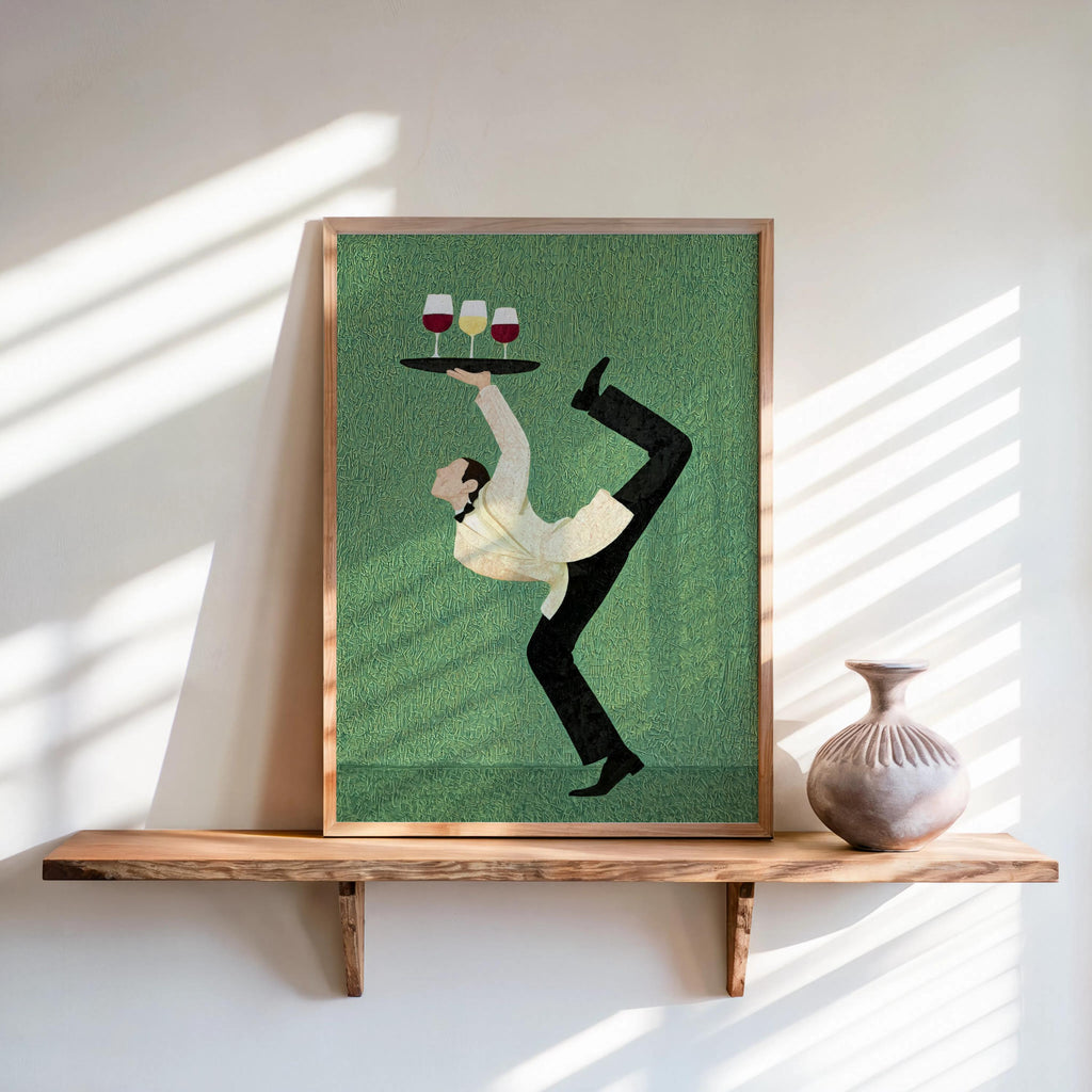 Acrobat Waiter Wall Art, Quirky Wine Glass Poster, Modern Cocktail Kitchen Canvas, Unique Bar Cart Decor, Surrealist Funny Dining Room Gift