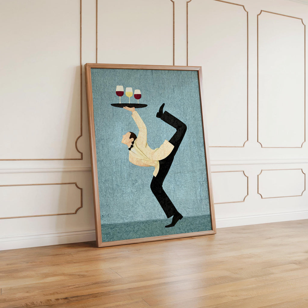 Acrobat Waiter Wall Art, Quirky Wine Glass Poster, Modern Cocktail Kitchen Canvas, Unique Bar Cart Decor, Surrealist Funny Dining Room Gift