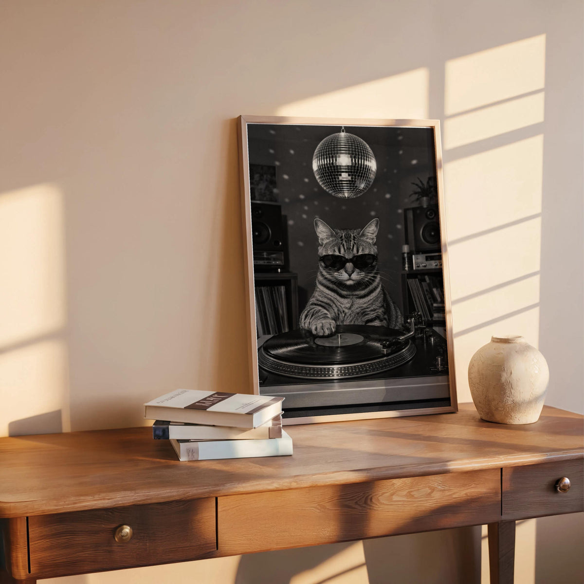 DJ Cat Vinyl Wall Art, Funny Retro Music Room Decor, Record Player Turntable Print, Disco Ball Poster, Animal Lover Gift