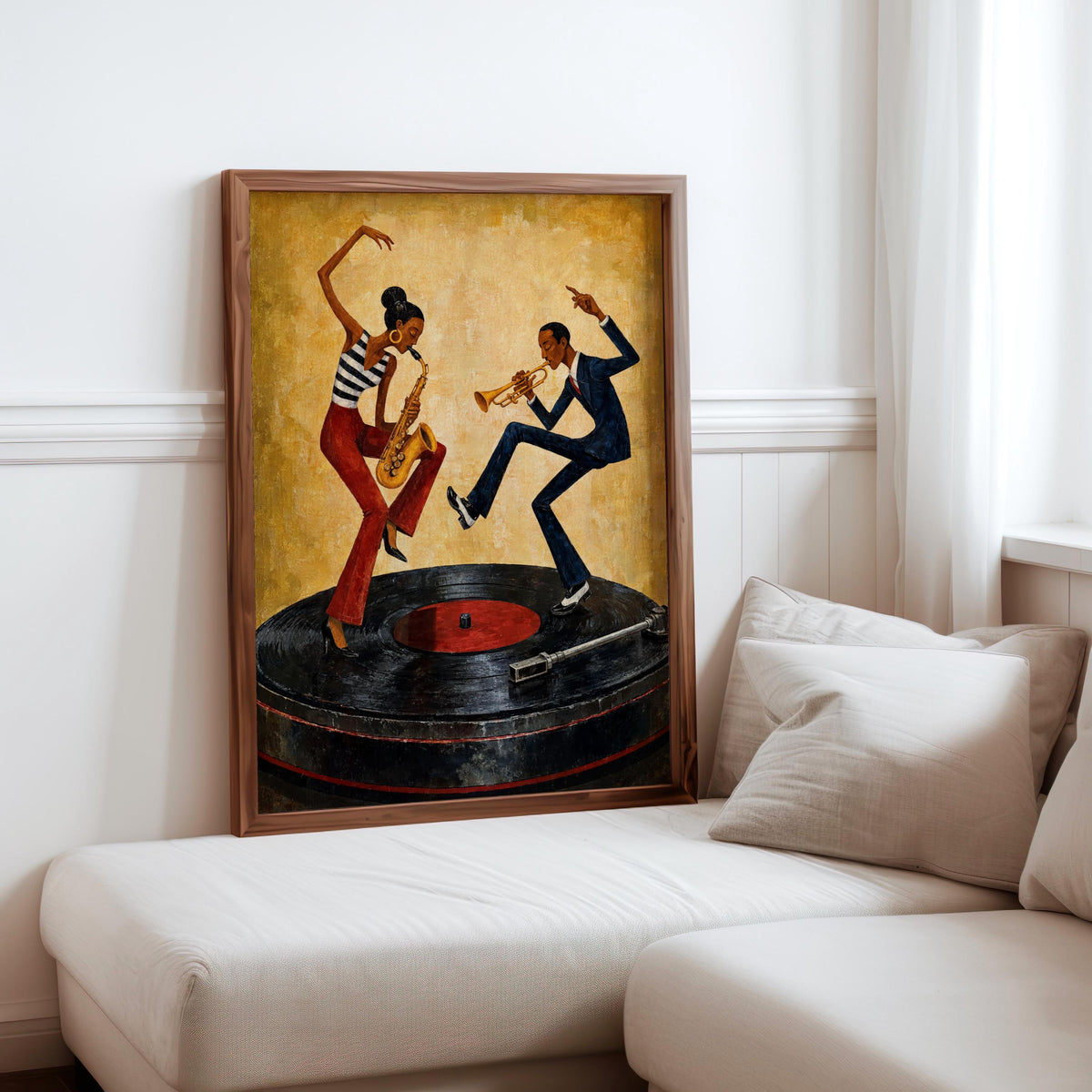 Dancing Couple Wall Decor, African American Music Art, Vinyl Record Player Painting, Afrocentric Retro Jazz Illustration, Vibrant Bar Decor
