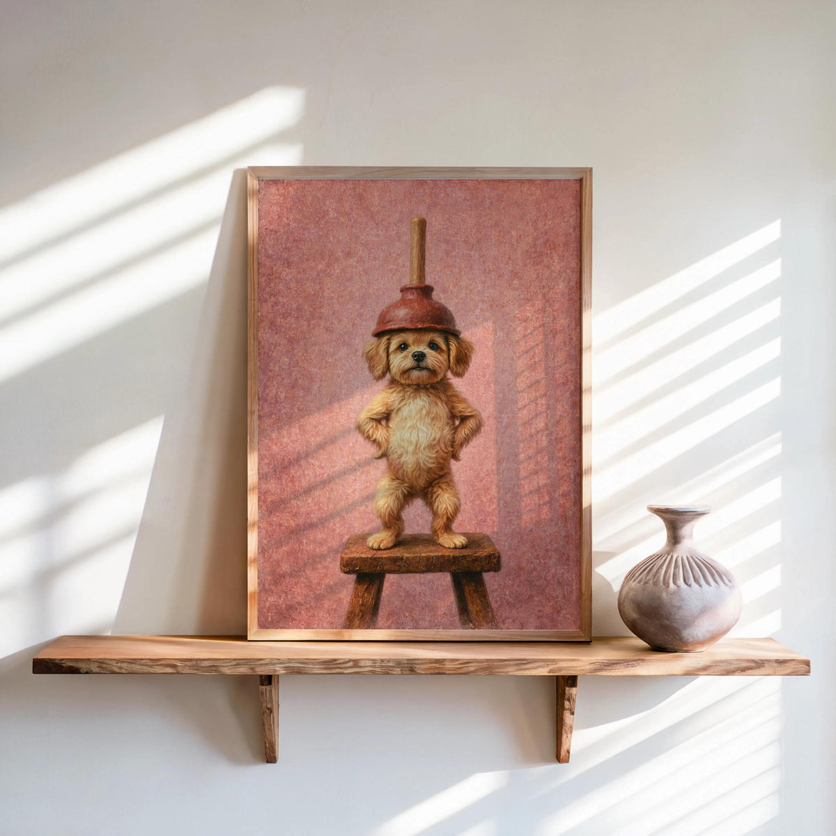 Puppy With Red Plunger Print, Funny Dog Bathroom Wall Art, Cute Restroom Decor, Vintage Whimsical Animal Toilet Loo Powder Room Poster