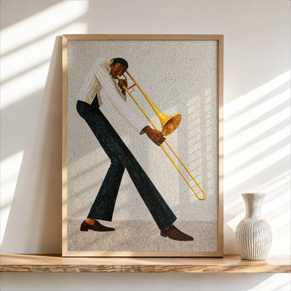 Jazz trombone wall art with light neutral background, textured painterly print, perfect for framing.