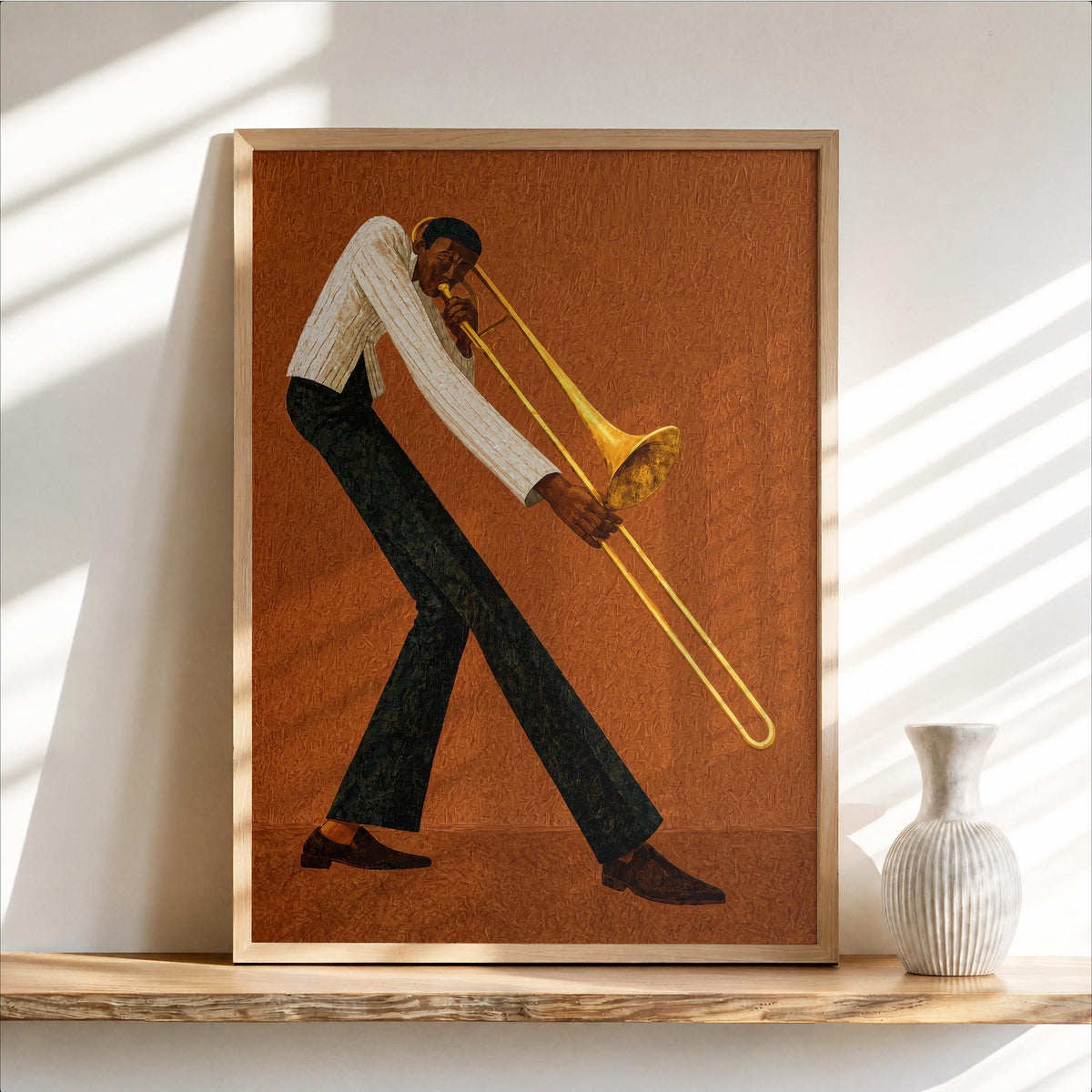 Jazz trombone wall art, rust brown background, elongated trombone player, textured vintage poster.