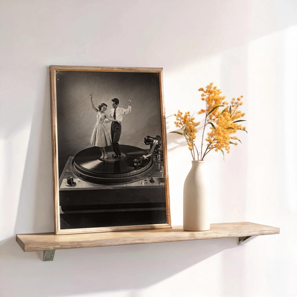 Leaning black-and-white record player wall art on a floating shelf, dried flowers add vintage living room charm