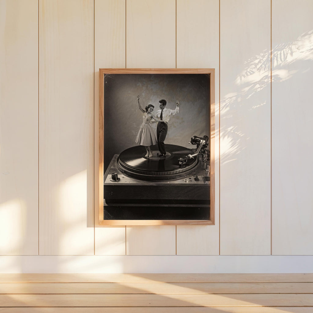 Black-and-white record player wall art hung on paneled wall, retro music poster look in a wooden frame