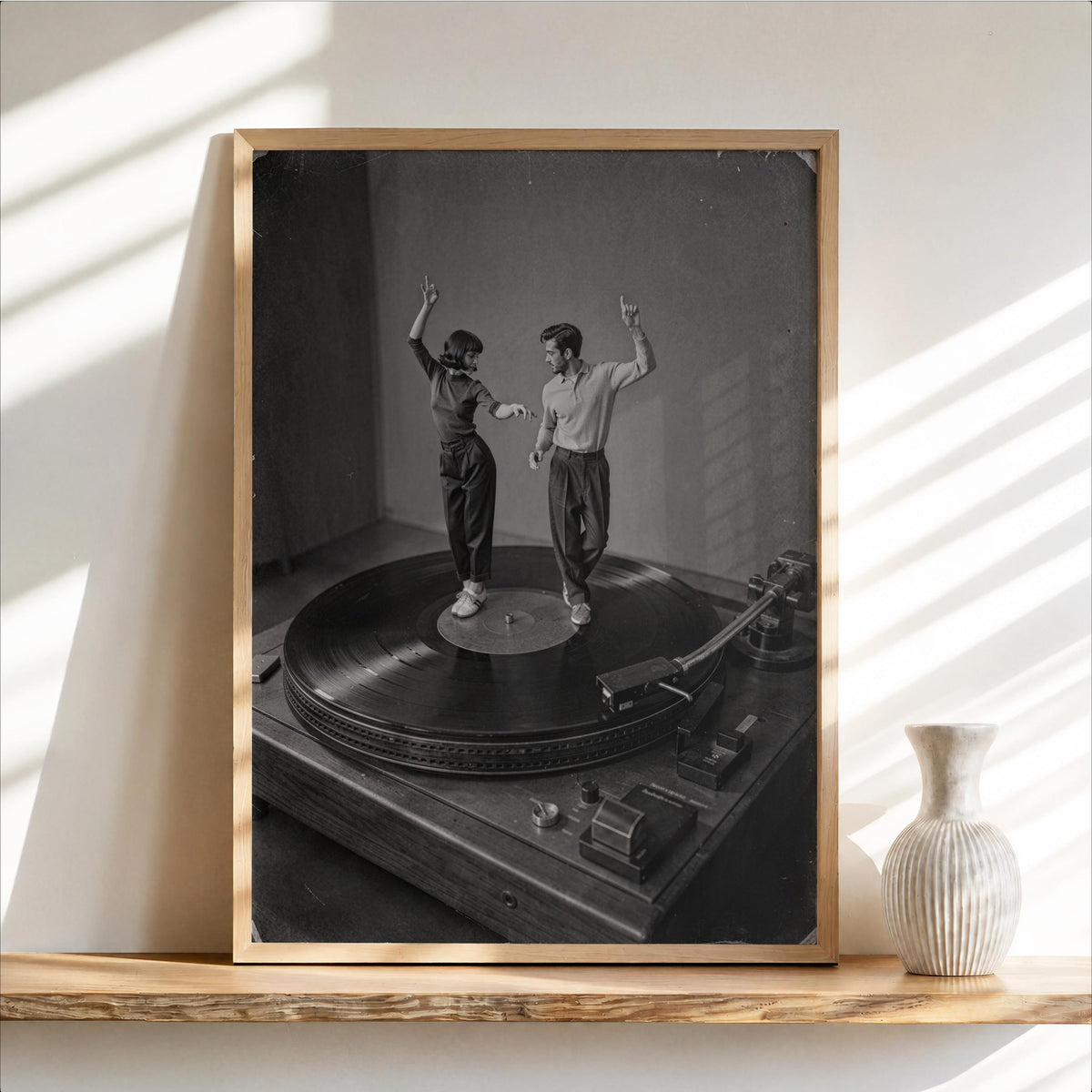 Framed print of dancing couple wall art, black and white surreal scene on a vinyl record