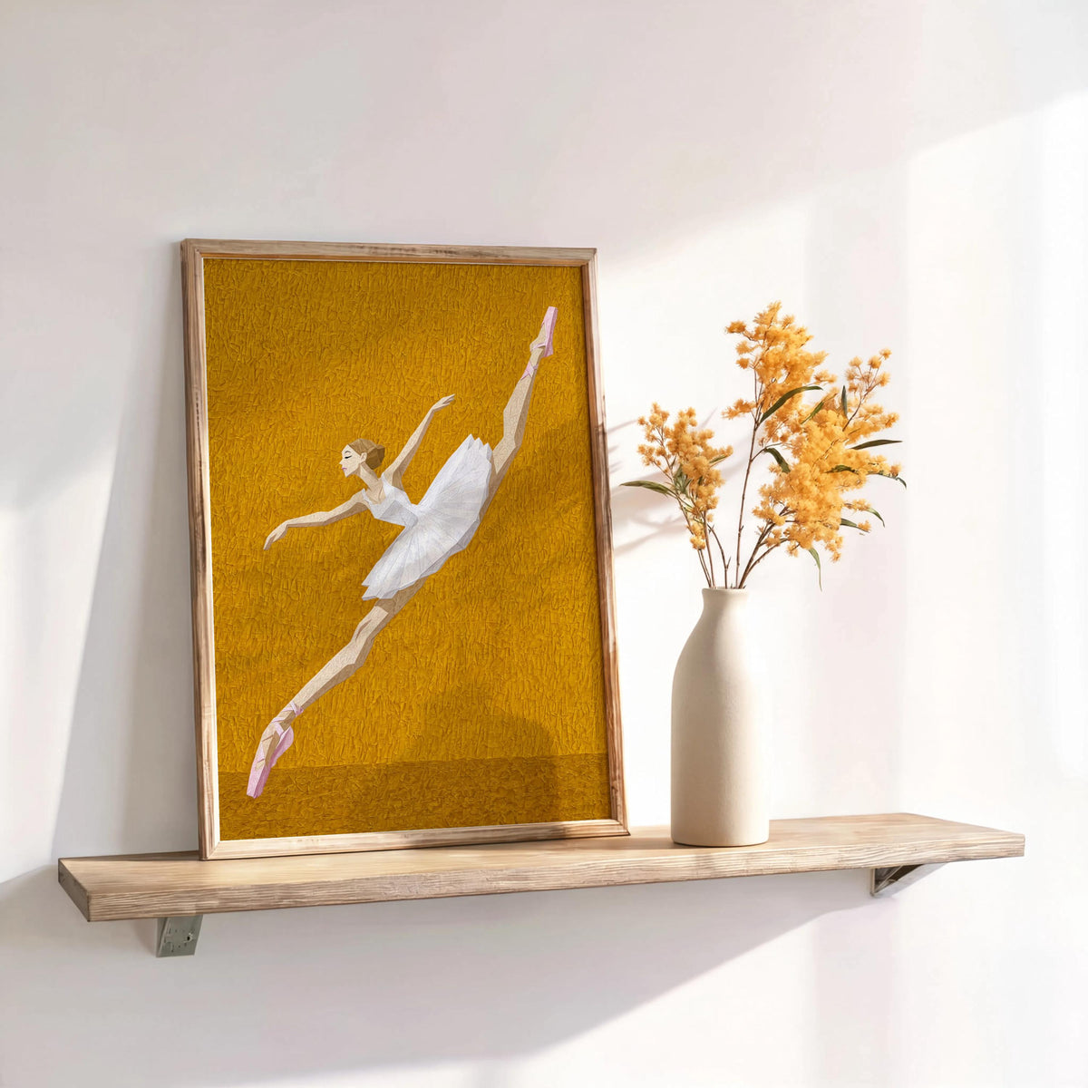 Mustard abstract ballerina wall art leaning on shelf with dried flowers, modern ballet dancer wall decor gift for her