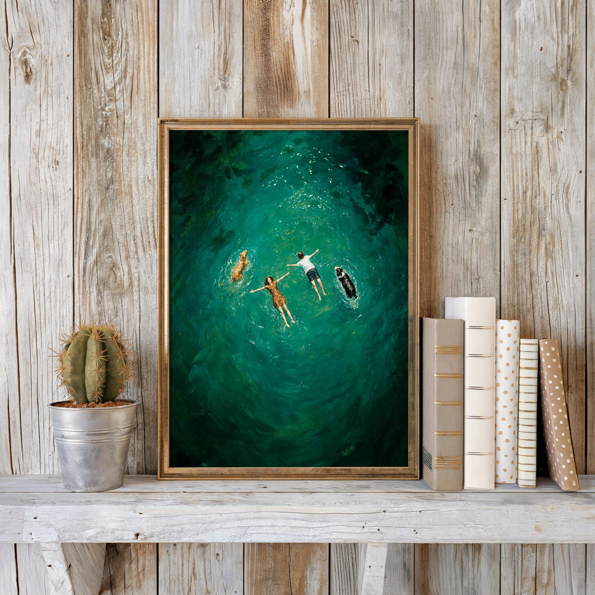 Aerial Couple Swimming with Dogs Wall Art, Turquoise Ocean Print, People and Pets Swimmer Poster, Modern Coastal Pool Home Decor Gift