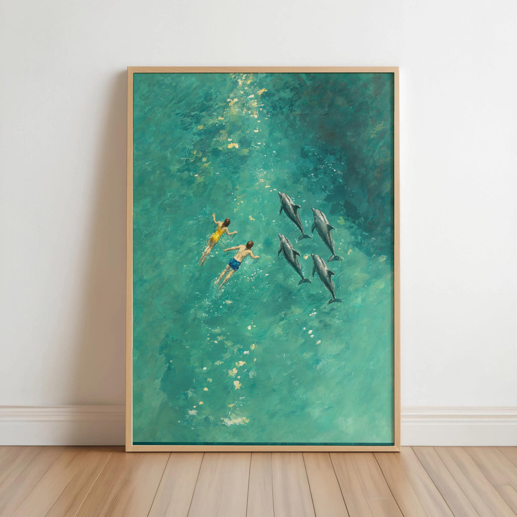 Couple Swimming with Dolphins Art Print, Arial Ocean Wall Decor, Turquoise Water Pool Beach Poster, Modern Coastal Home Decor Gift Idea