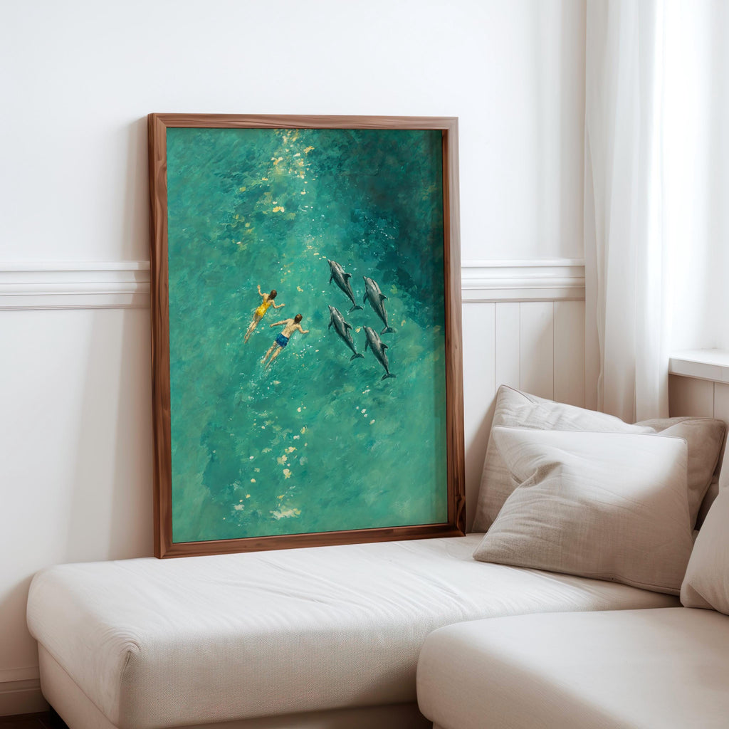 Couple Swimming with Dolphins Art Print, Arial Ocean Wall Decor, Turquoise Water Pool Beach Poster, Modern Coastal Home Decor Gift Idea