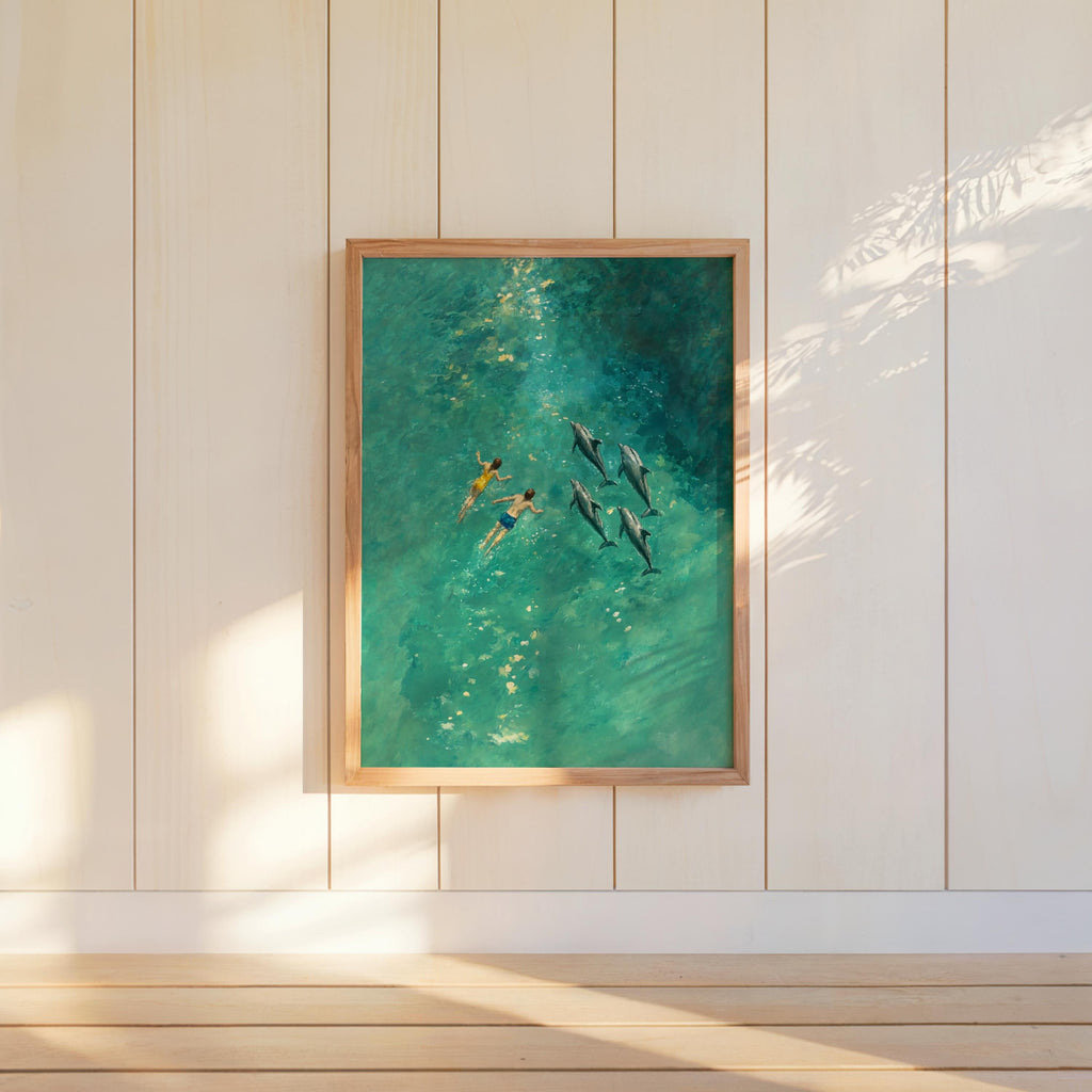 Couple Swimming with Dolphins Art Print, Arial Ocean Wall Decor, Turquoise Water Pool Beach Poster, Modern Coastal Home Decor Gift Idea
