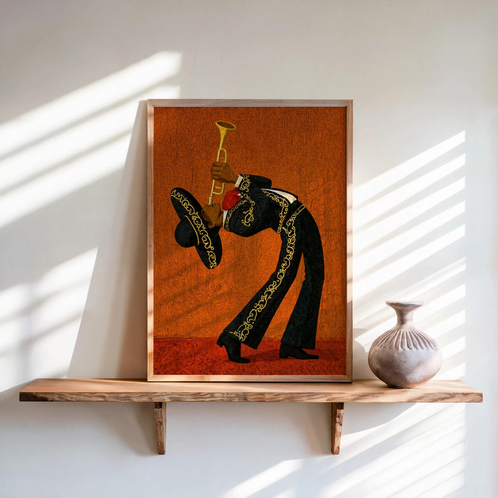 Mexico Mariachi Trumpet Player Print, Bright Vintage Charro Suit Wall Art, Latin Music Poster, Vibrant Cultural Latin American Travel Gift