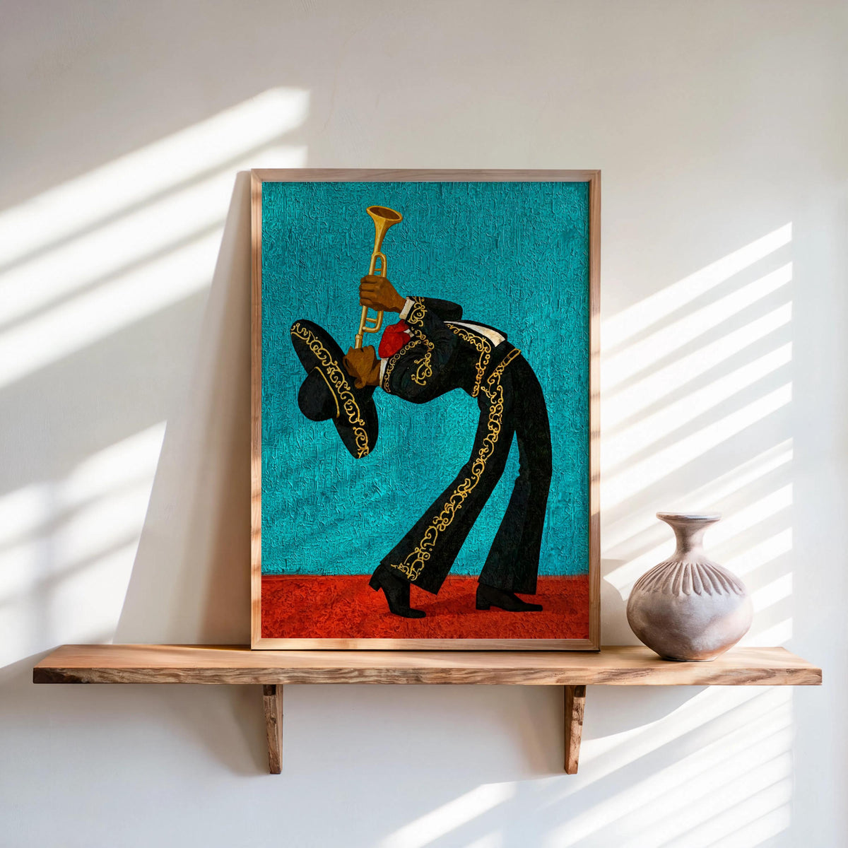 Mexico Mariachi Trumpet Player Print, Bright Vintage Charro Suit Wall Art, Latin Music Poster, Vibrant Cultural Latin American Travel Gift