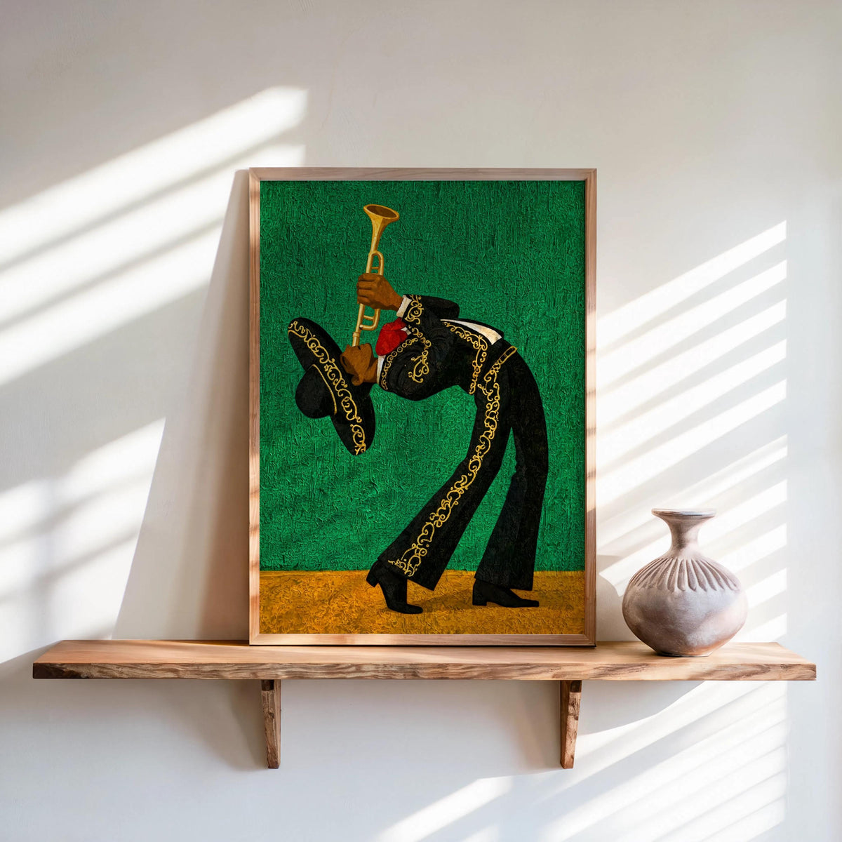 Mexico Mariachi Trumpet Player Print, Bright Vintage Charro Suit Wall Art, Latin Music Poster, Vibrant Cultural Latin American Travel Gift