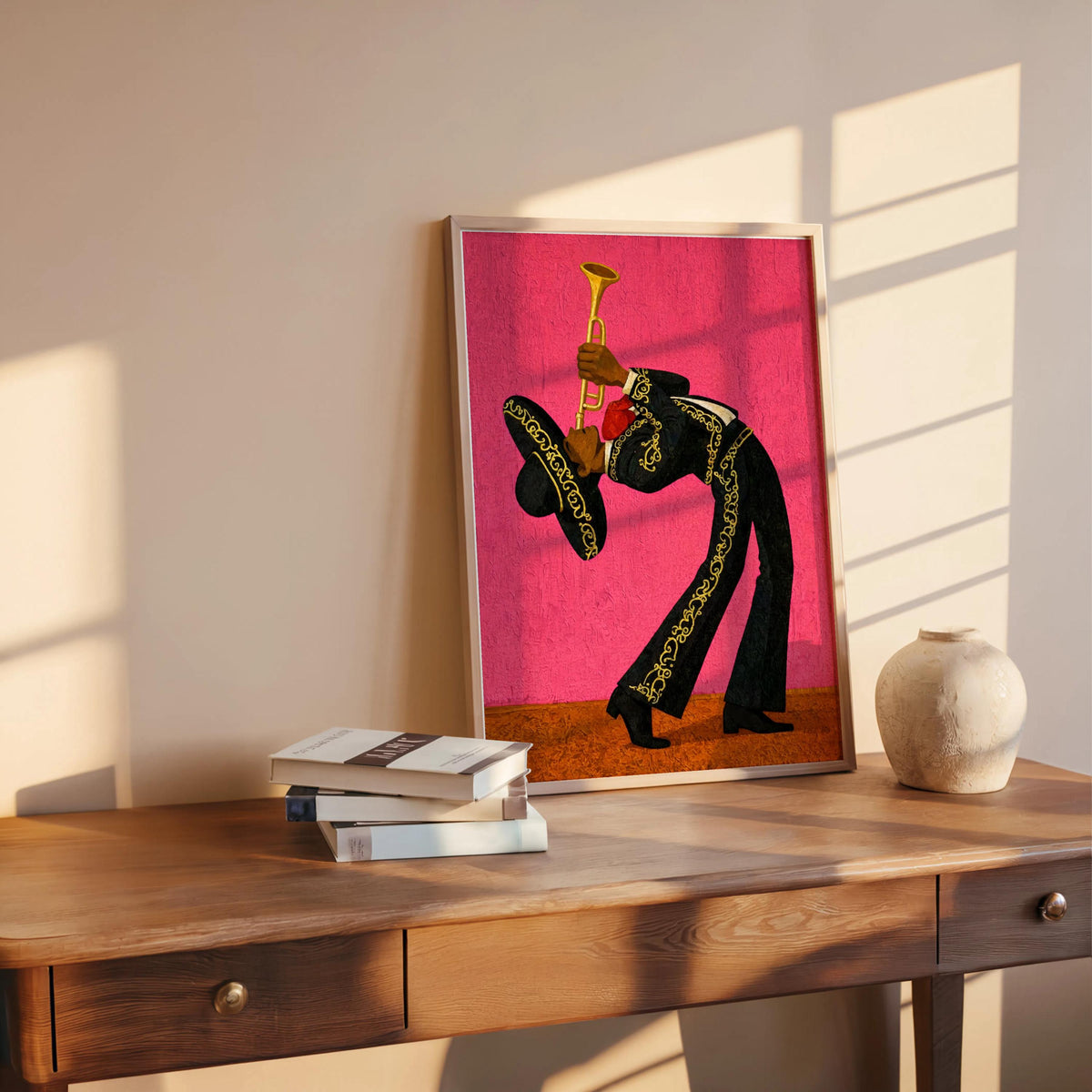 Mexico Mariachi Trumpet Player Print, Bright Vintage Charro Suit Wall Art, Latin Music Poster, Vibrant Cultural Latin American Travel Gift