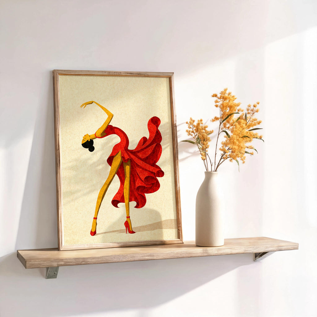 Cream salsa dancer wall art on shelf, red dress dancer print paired with dried yellow flowers