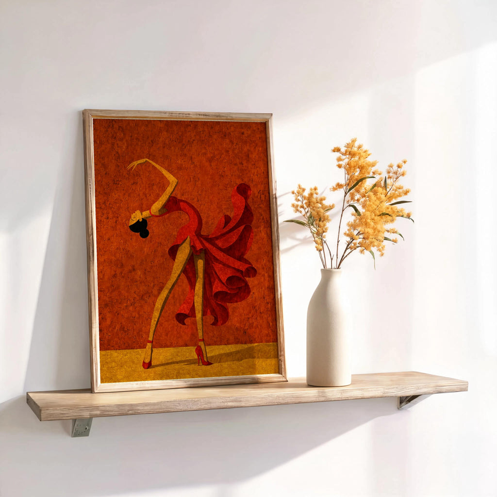 Terracotta salsa dancer wall art on shelf with dried stems, boho dance wall decor styling