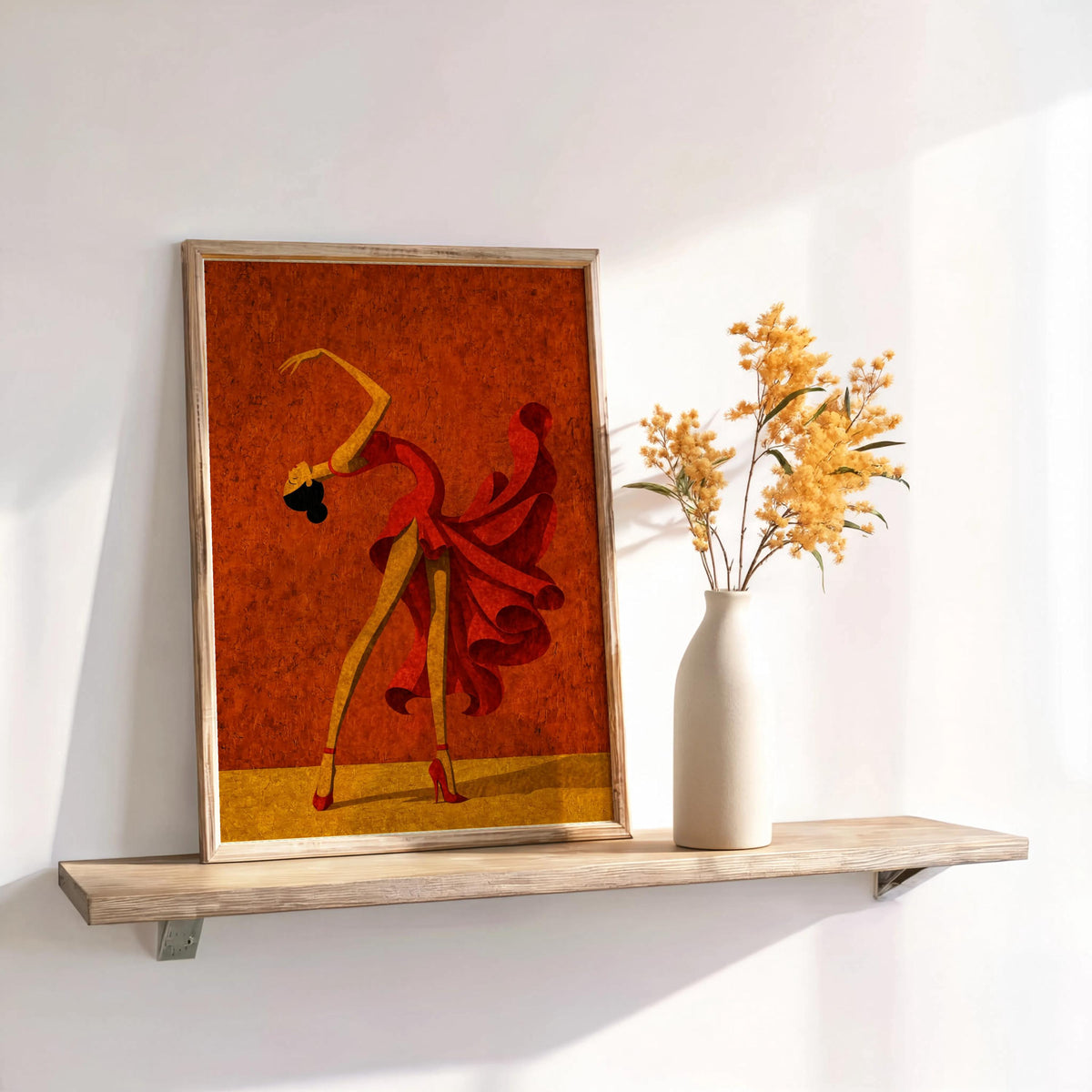 Terracotta salsa dancer wall art on shelf with dried stems, boho dance wall decor styling