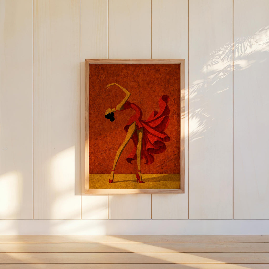 Terracotta salsa dancer wall art hung on white paneled wall, bold abstract dancer print