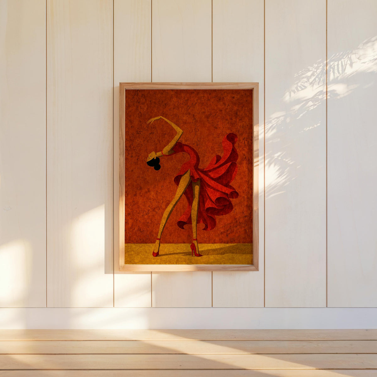 Terracotta salsa dancer wall art hung on white paneled wall, bold abstract dancer print