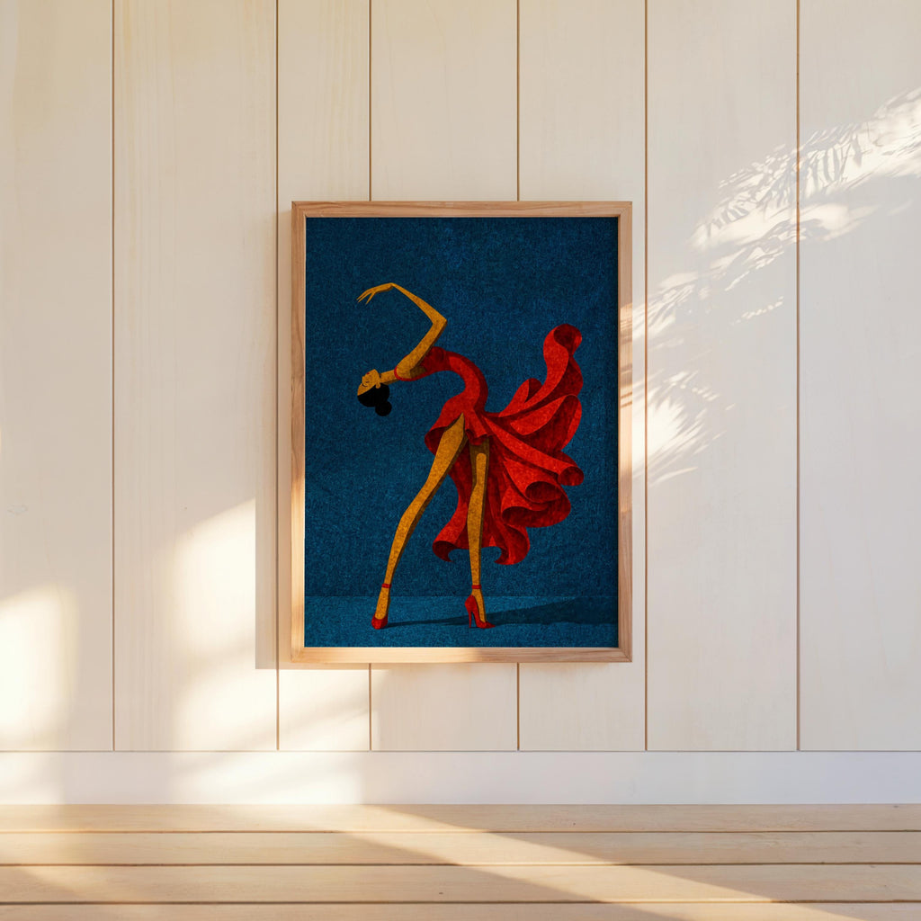 Blue background salsa dancer wall art on wall, red dress dancer print, great for dance studios