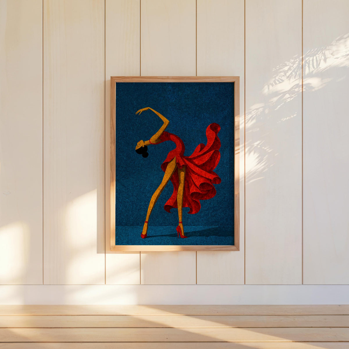 Blue background salsa dancer wall art on wall, red dress dancer print, great for dance studios