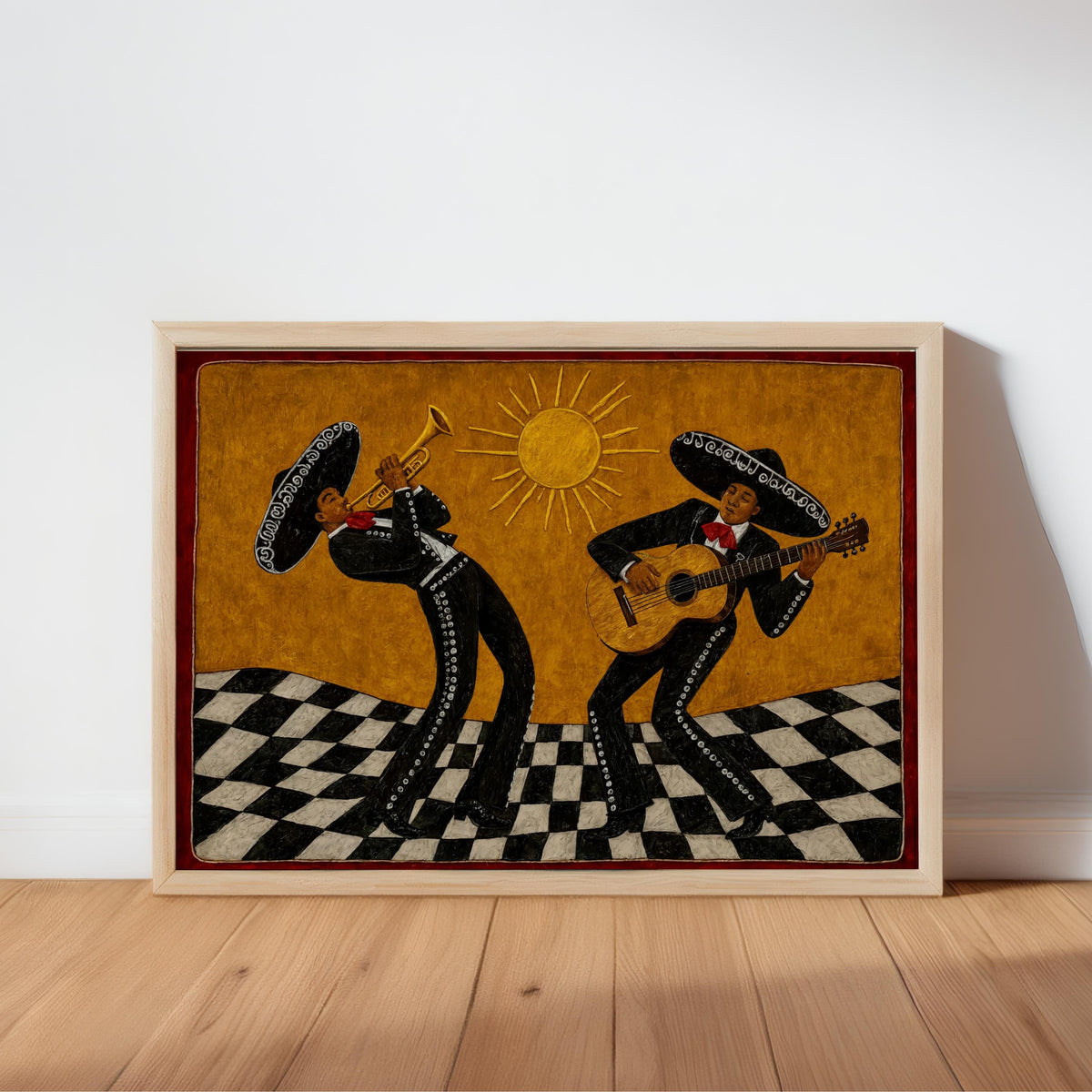 Framed mariachi wall art leaning against a white wall, mustard sunburst, wavy checkerboard floor