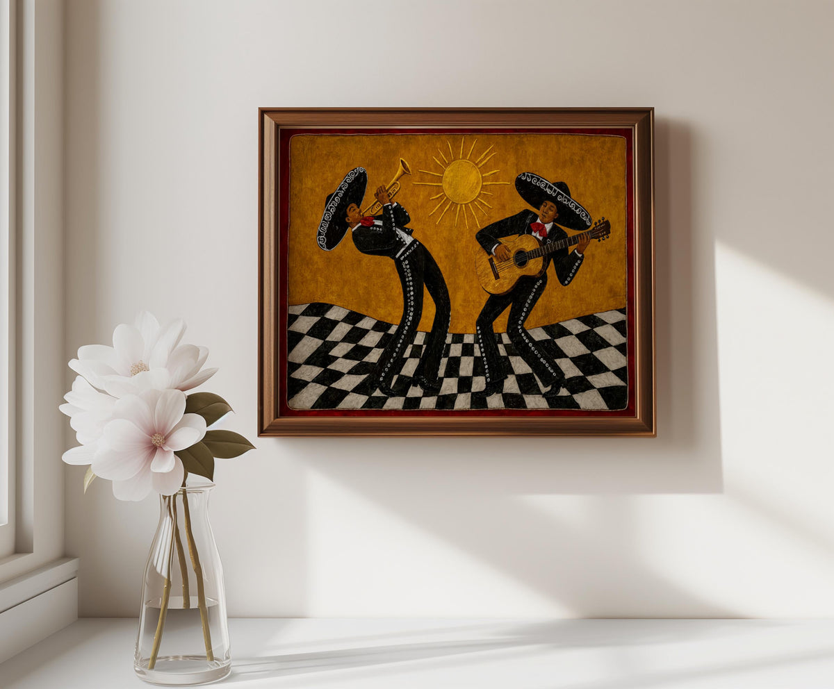 Golden folk art mariachi art print hung above a shelf with white flowers, bold checkerboard motif