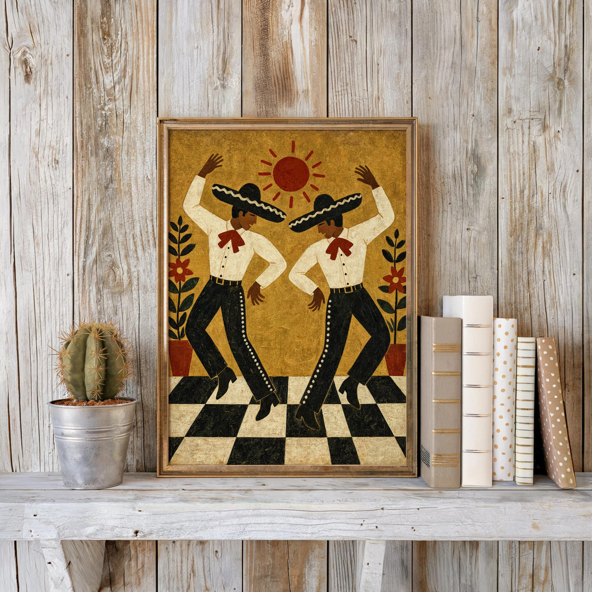 Mexican folk dance wall art on rustic wood shelf, potted cactus, bold red sun, floral motifs