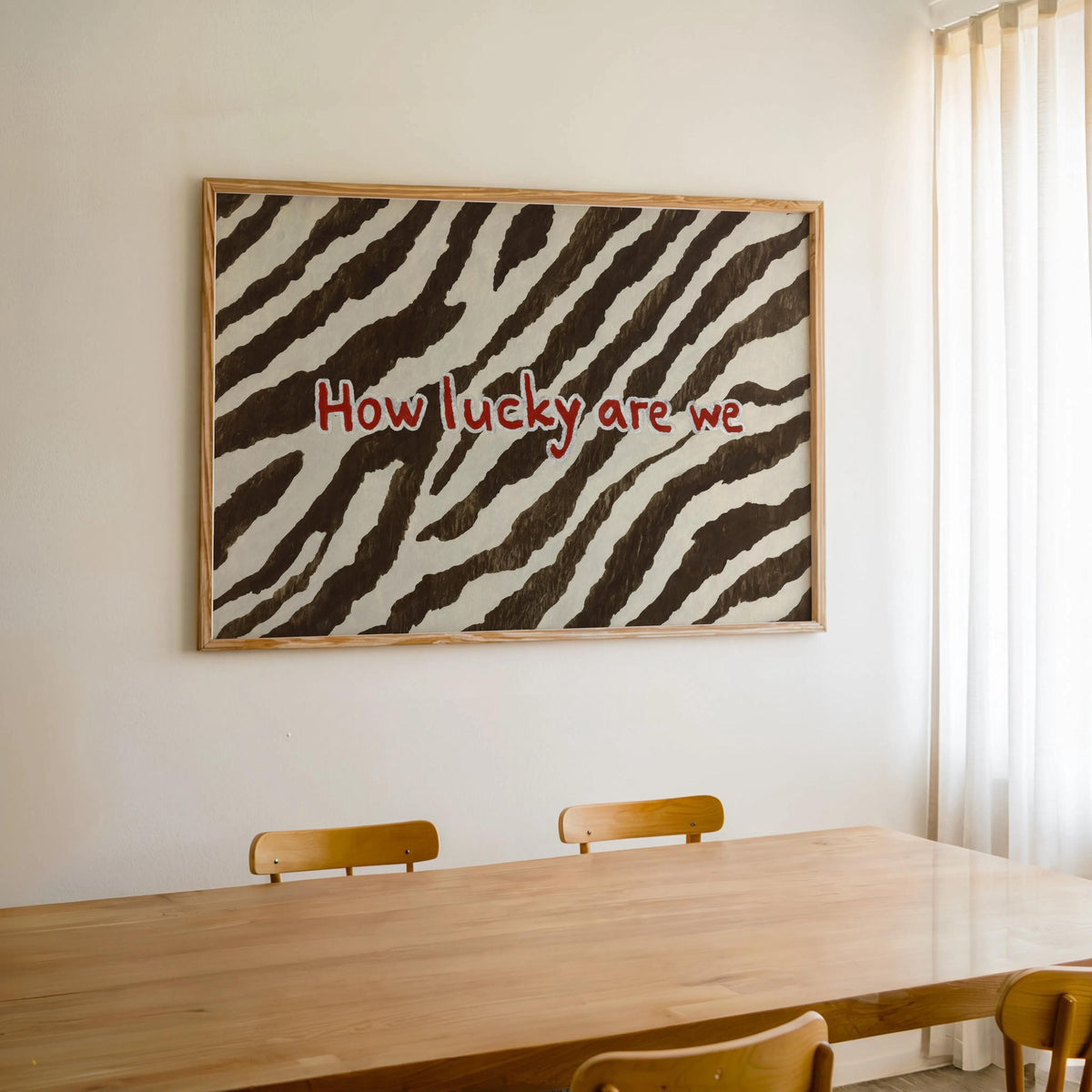 How Lucky Are We Quote Poster, Zebra Pattern Brown and White Print, Preppy Chic Typography Aesthetic Dorm Decor, Western Cowgirl Wall Art