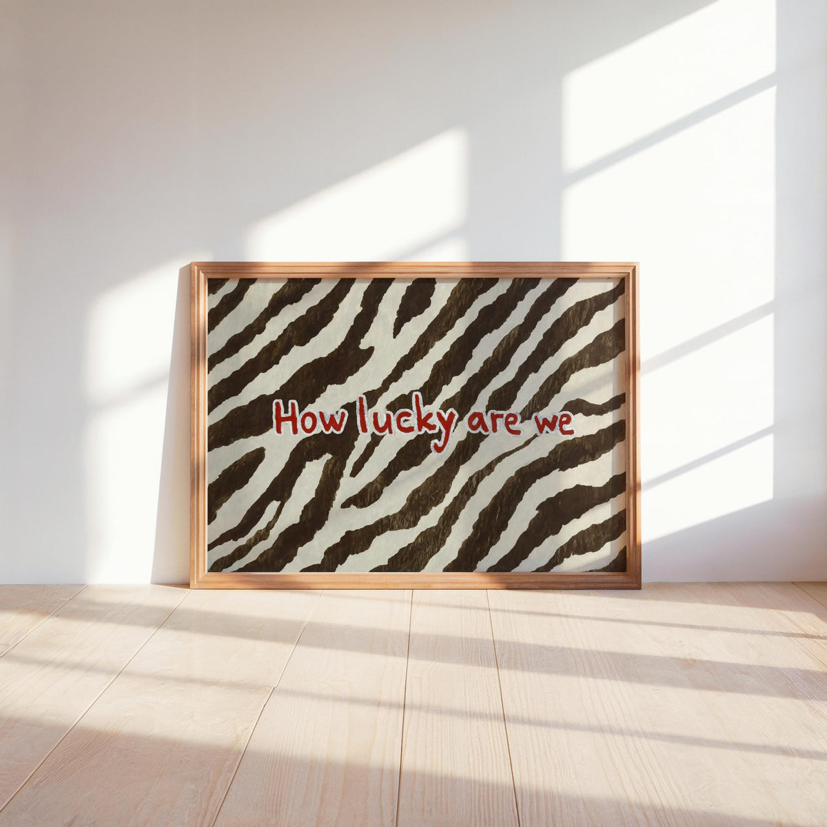 How Lucky Are We Quote Poster, Zebra Pattern Brown and White Print, Preppy Chic Typography Aesthetic Dorm Decor, Western Cowgirl Wall Art