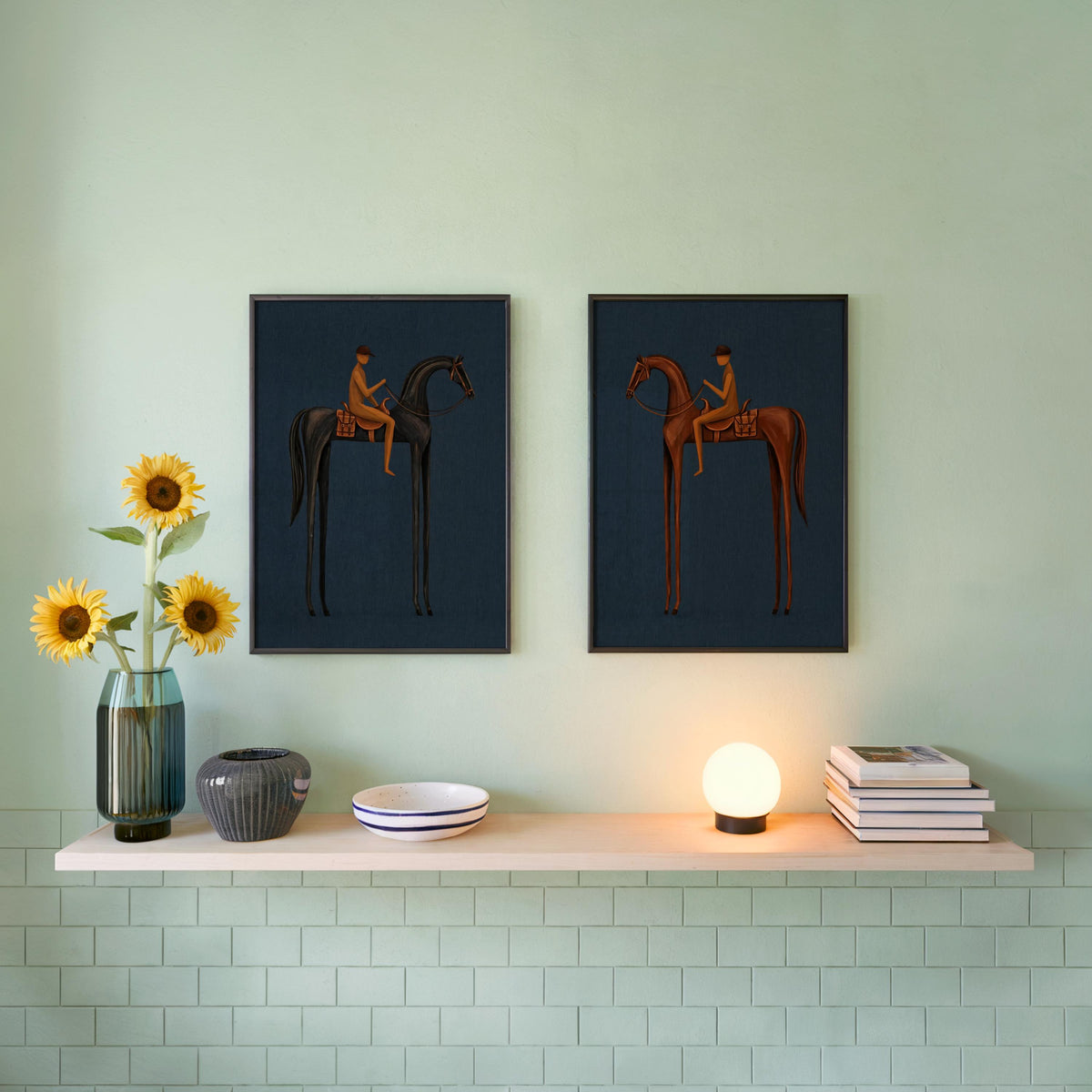 Blue Equestrian Print Set of 2, Navy Mid Century Modern Horse Wall Art, Vintage Jockey Painting, Neutral Surreal Minimalist Western Rider