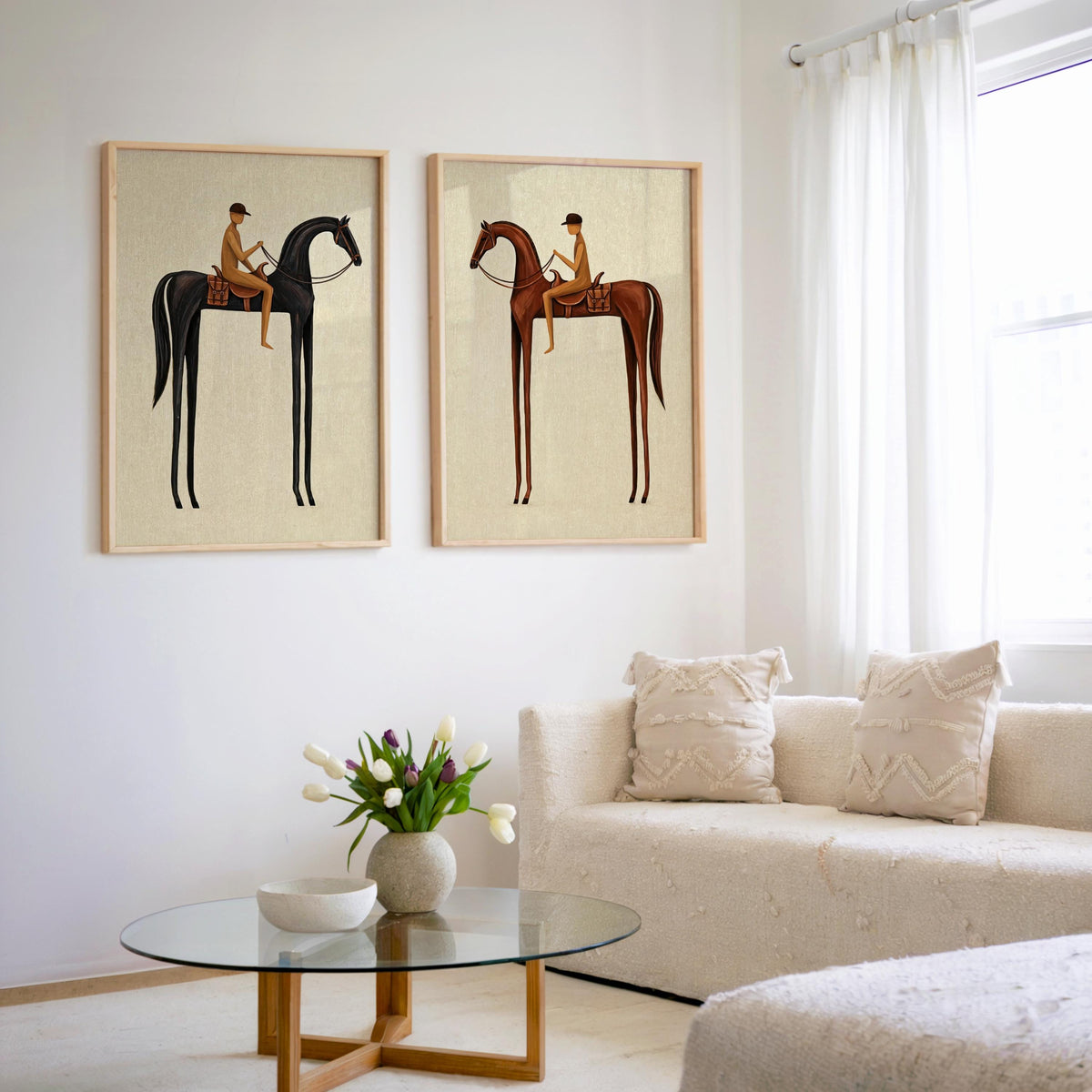 Beige Equestrian Print Set of 2, White Mid Century Modern Horse Wall Art, Vintage Jockey Painting, Neutral Surreal Minimalist Western Rider
