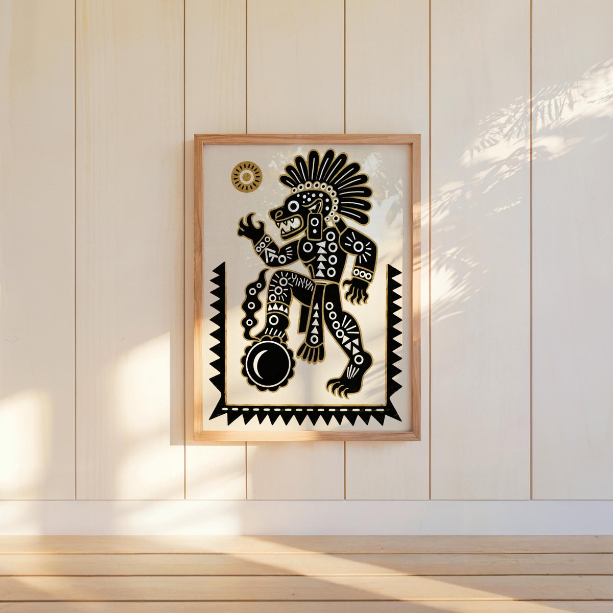 Tezcatlipoca art print centered on paneled wall, dramatic sunlight, minimalist Mesoamerican art print look