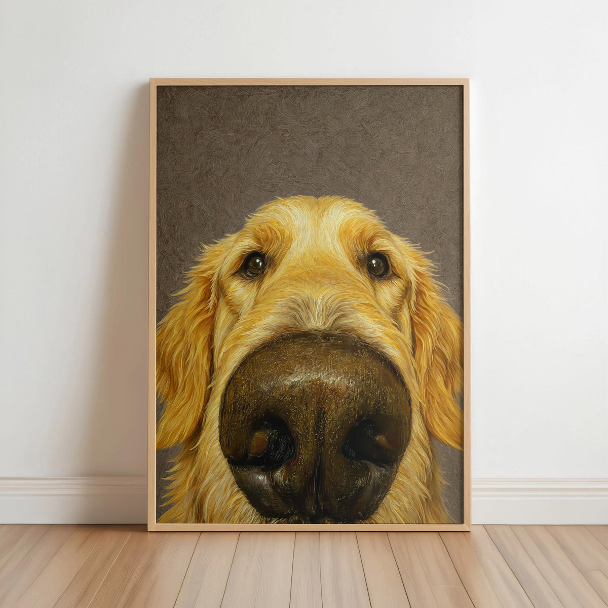 Neutral gray framed print on floor, puppy-like golden retriever nose art, perfect golden retriever wall art