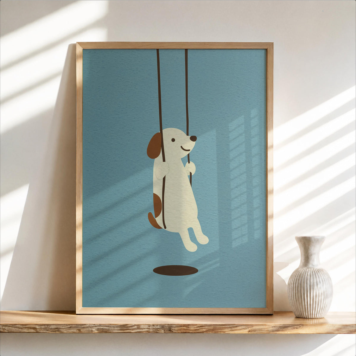 Minimal Dog Swinging Poster, Cute Puppy Print, Neutral Children Decor, Kids Nursery Wall Accent, Dog Lover Gift