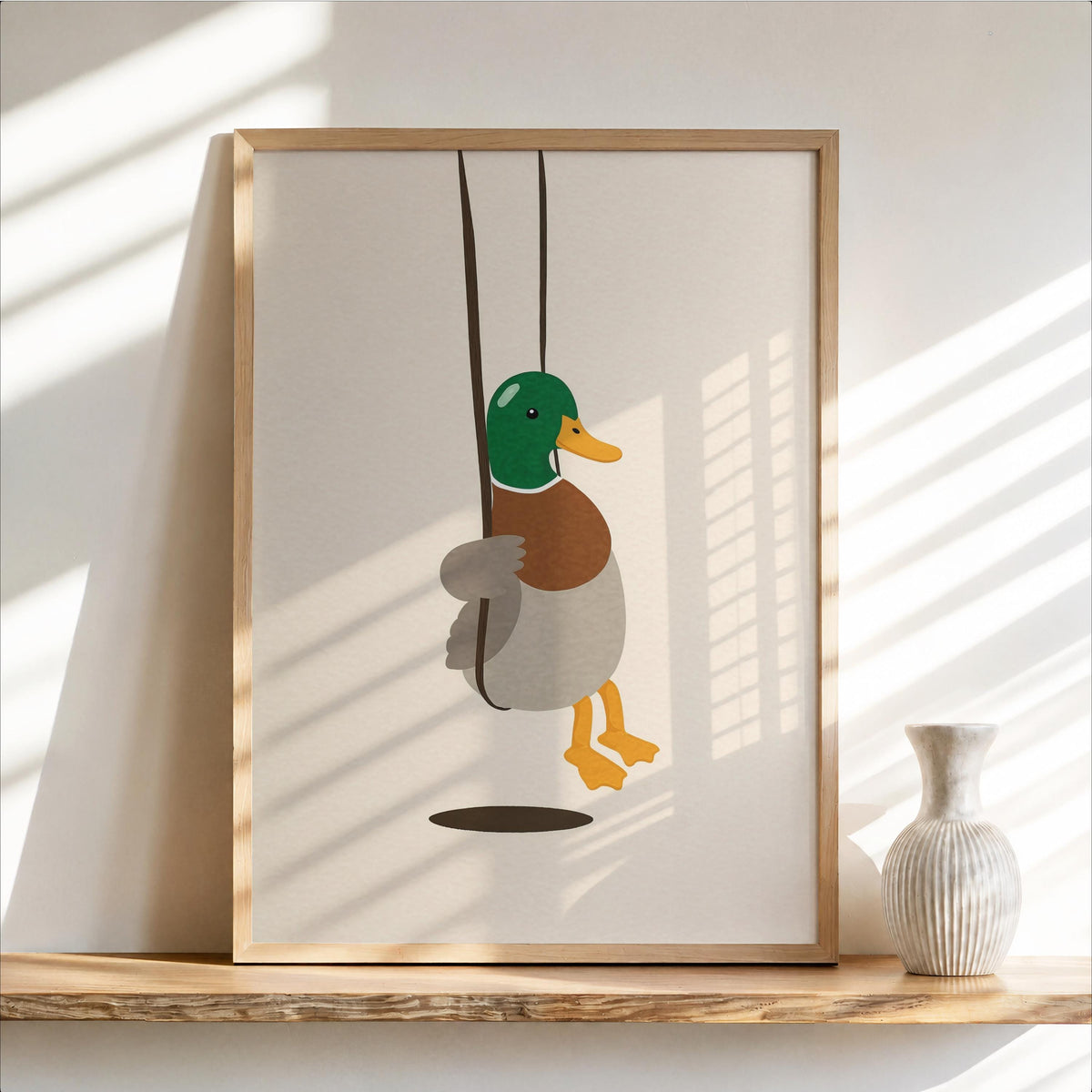 Cute Duck Swinging Print, Minimalist Bird Poster, Soft Mallard Room Decor, Whimsical Animal Art, Kids Bedroom Accent, Farm & Nature Gift
