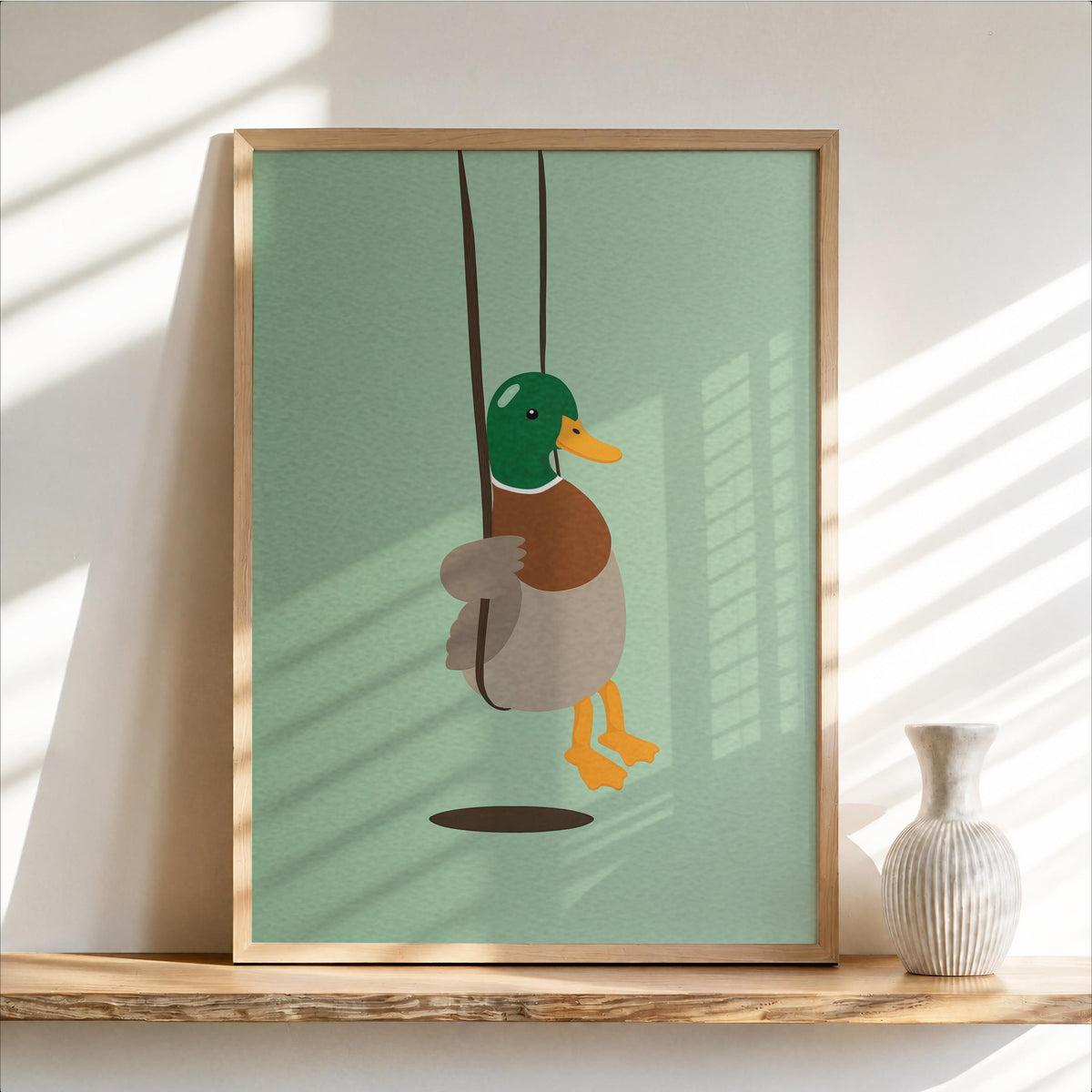 Cute Duck Swinging Print, Minimalist Bird Poster, Soft Mallard Room Decor, Whimsical Animal Art, Kids Bedroom Accent, Farm & Nature Gift