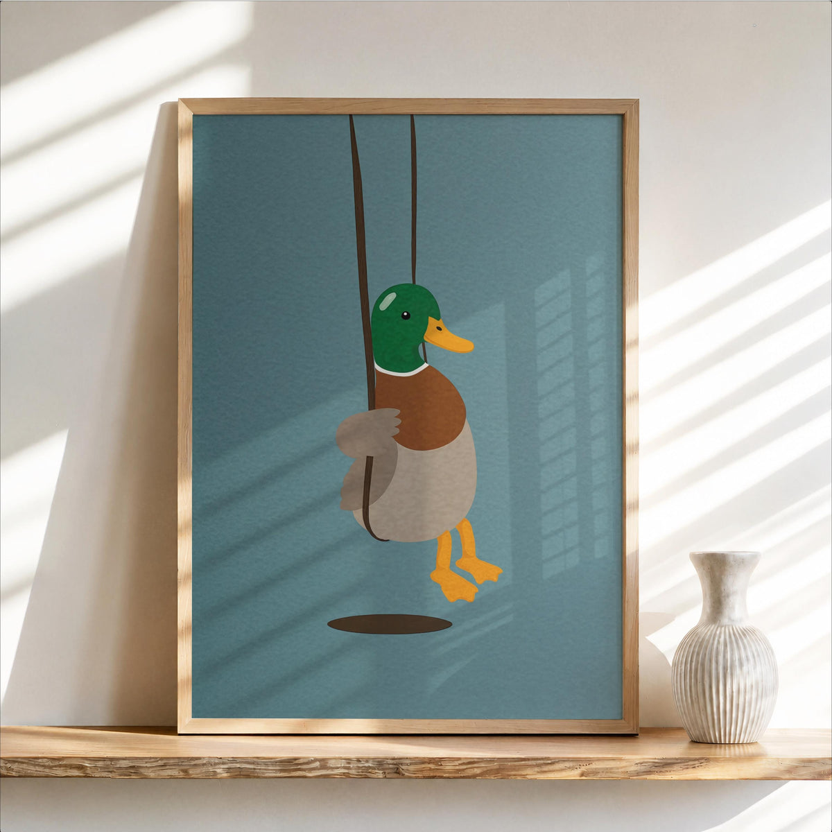 Cute Duck Swinging Print, Minimalist Bird Poster, Soft Mallard Room Decor, Whimsical Animal Art, Kids Bedroom Accent, Farm & Nature Gift