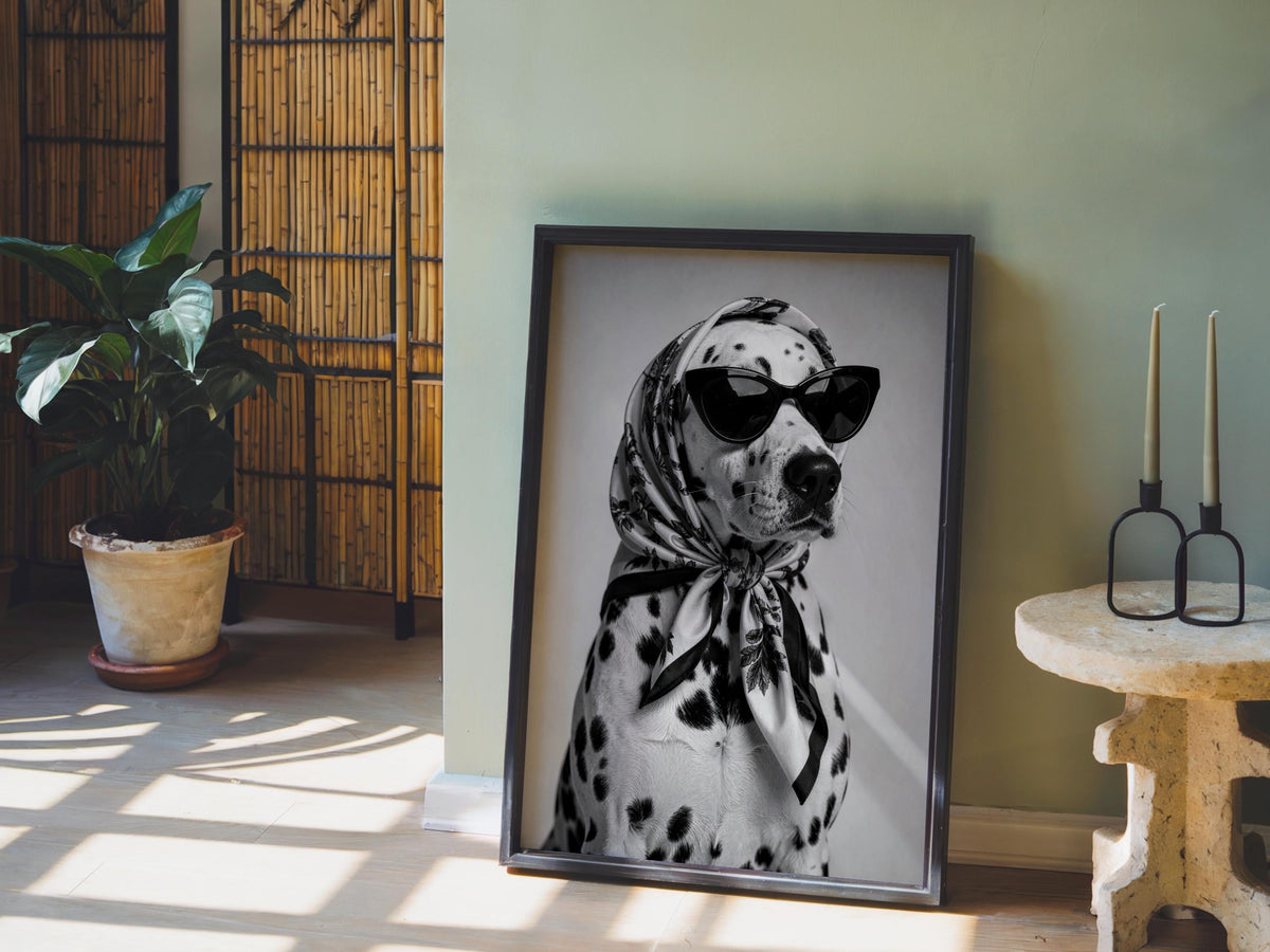 Funny Dalmatian Poster, Chic Dog Wall Decor, Vintage Animal Print, Stylish Pet Artwork, Black White Photo Art, Quirky Home Photography