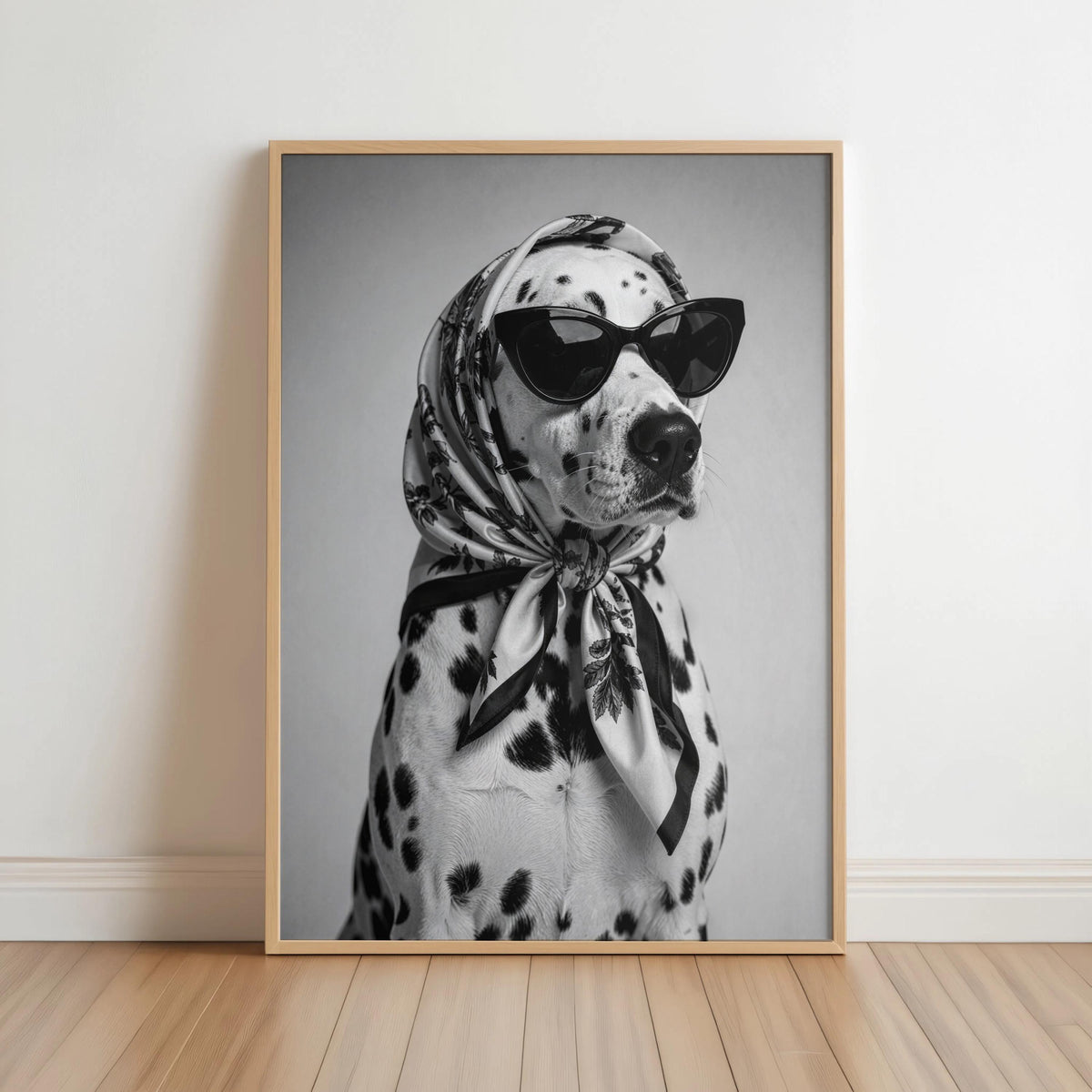 Funny Dalmatian Poster, Chic Dog Wall Decor, Vintage Animal Print, Stylish Pet Artwork, Black White Photo Art, Quirky Home Photography