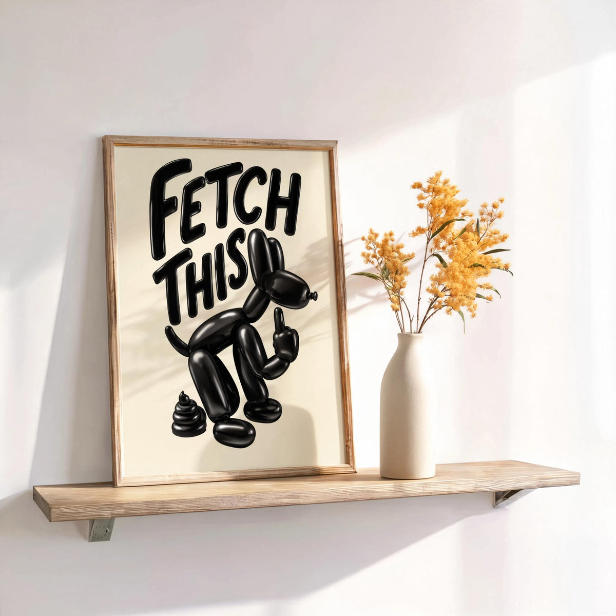Print propped on a floating shelf with dried flowers, high-contrast black balloon dog, funny balloon dog wall art