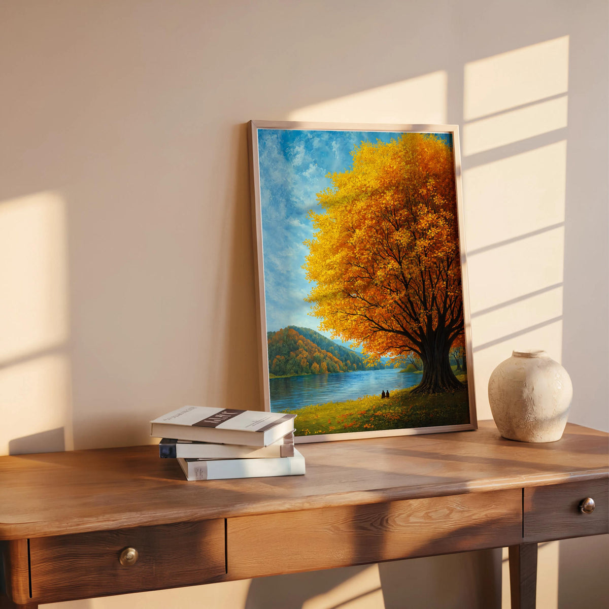 Autumn Landscape Wall Art, Fall Tree by the Lake, Scenic Nature Print, Cozy Cabin Decor, Woodland Artwork, Peaceful Living Room Art