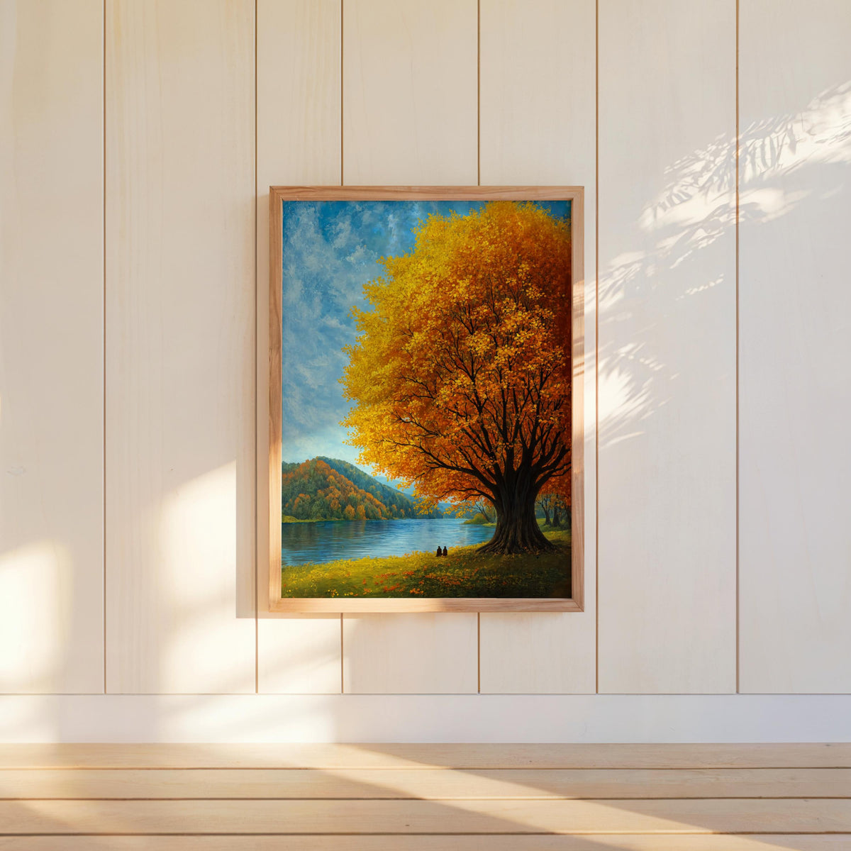 Autumn Landscape Wall Art, Fall Tree by the Lake, Scenic Nature Print, Cozy Cabin Decor, Woodland Artwork, Peaceful Living Room Art